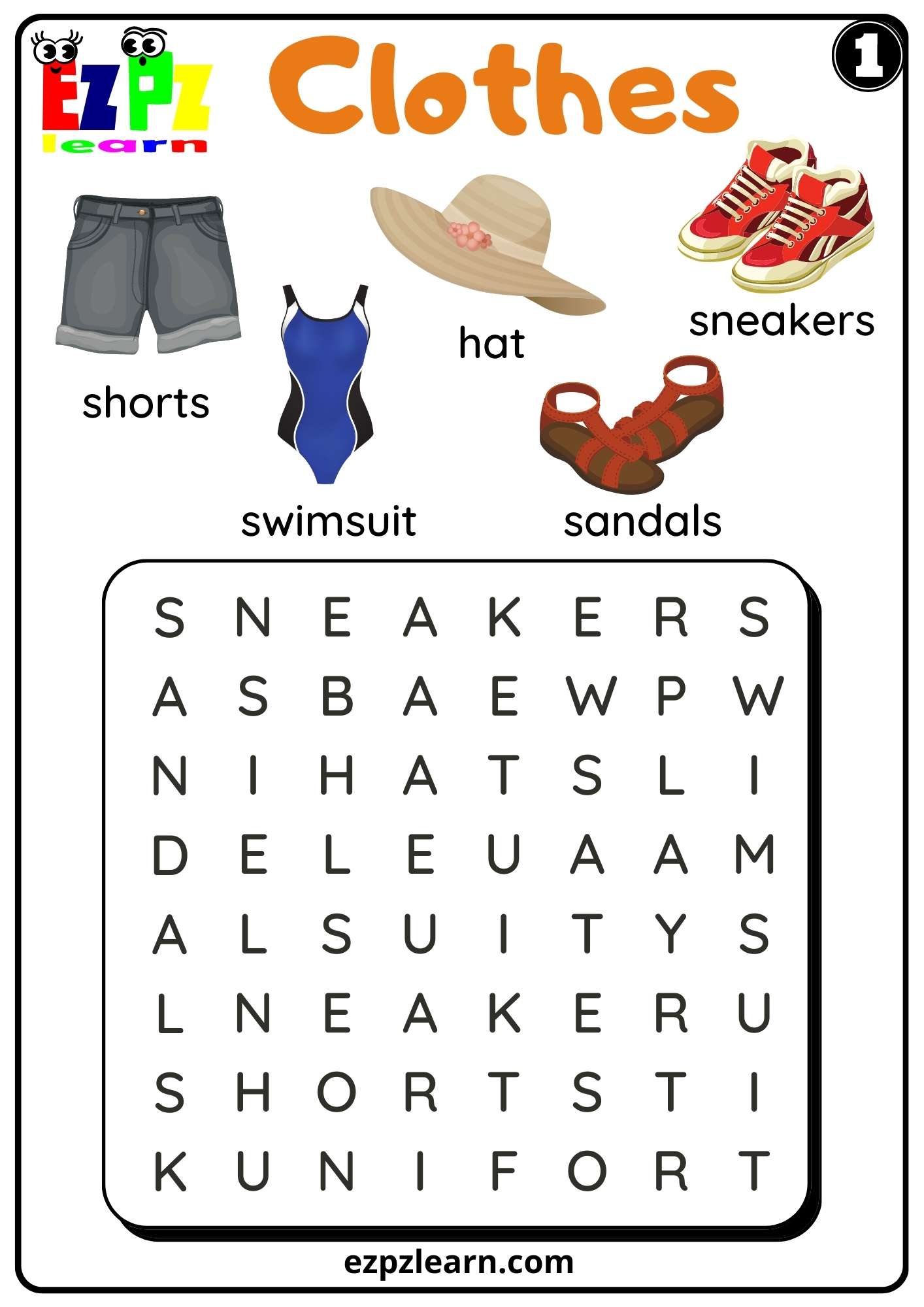 Clothes Word Search Kindergarten K5 and ESL set 1